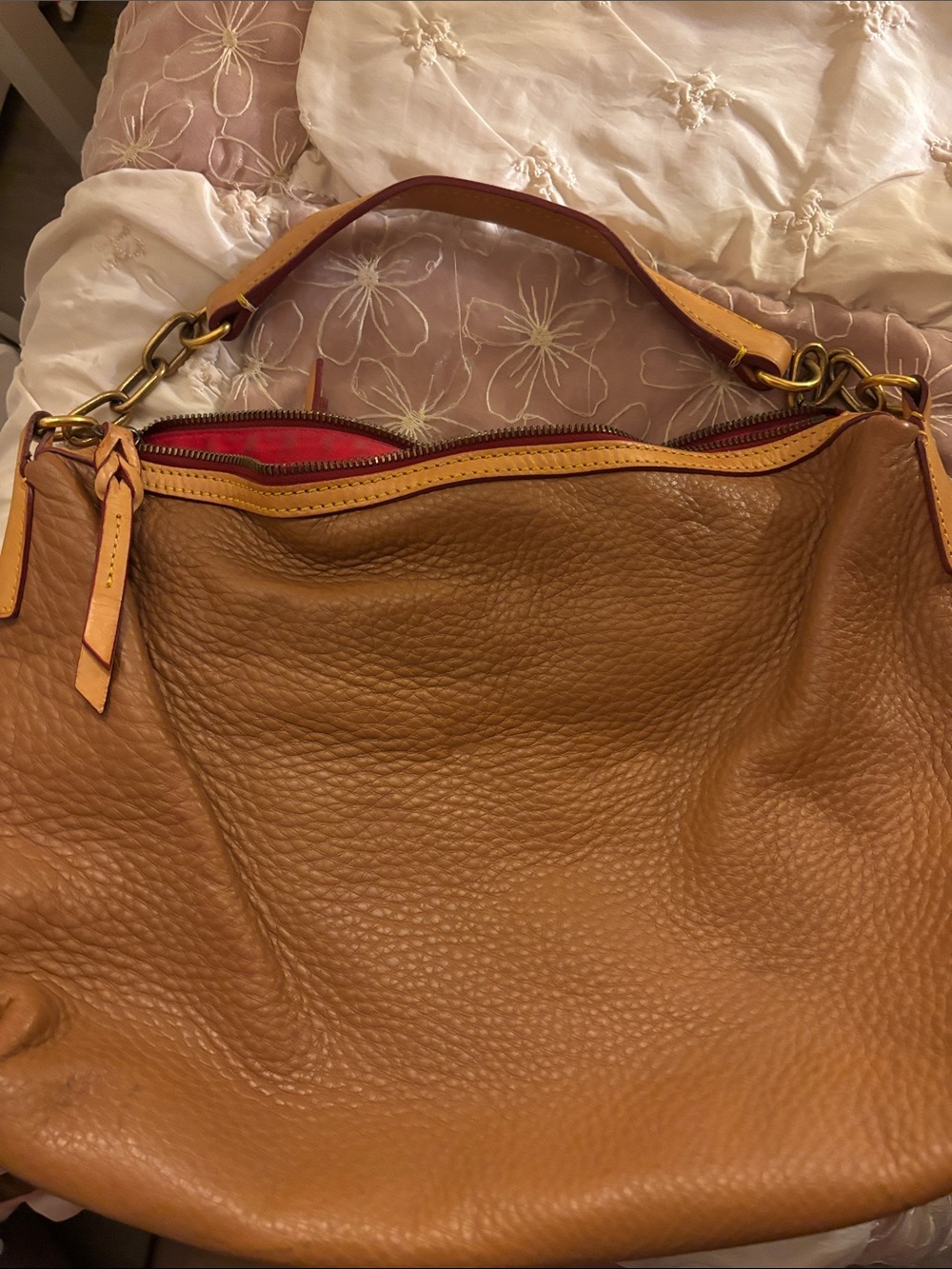 Vintage Dooney & Bourke Tan Leather Shoulder Hobo with Red Interior Accent